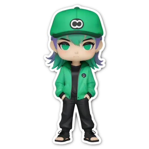 A green figure with a hat and no face.