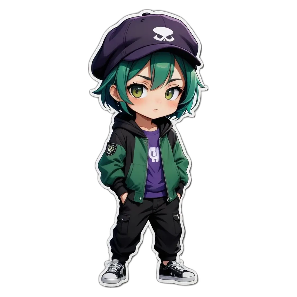 A girl is standing with her hands in her pockets wearing a jacket with a skull on it.