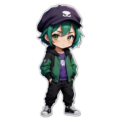 A girl is standing with her hands in her pockets wearing a jacket with a skull on it.