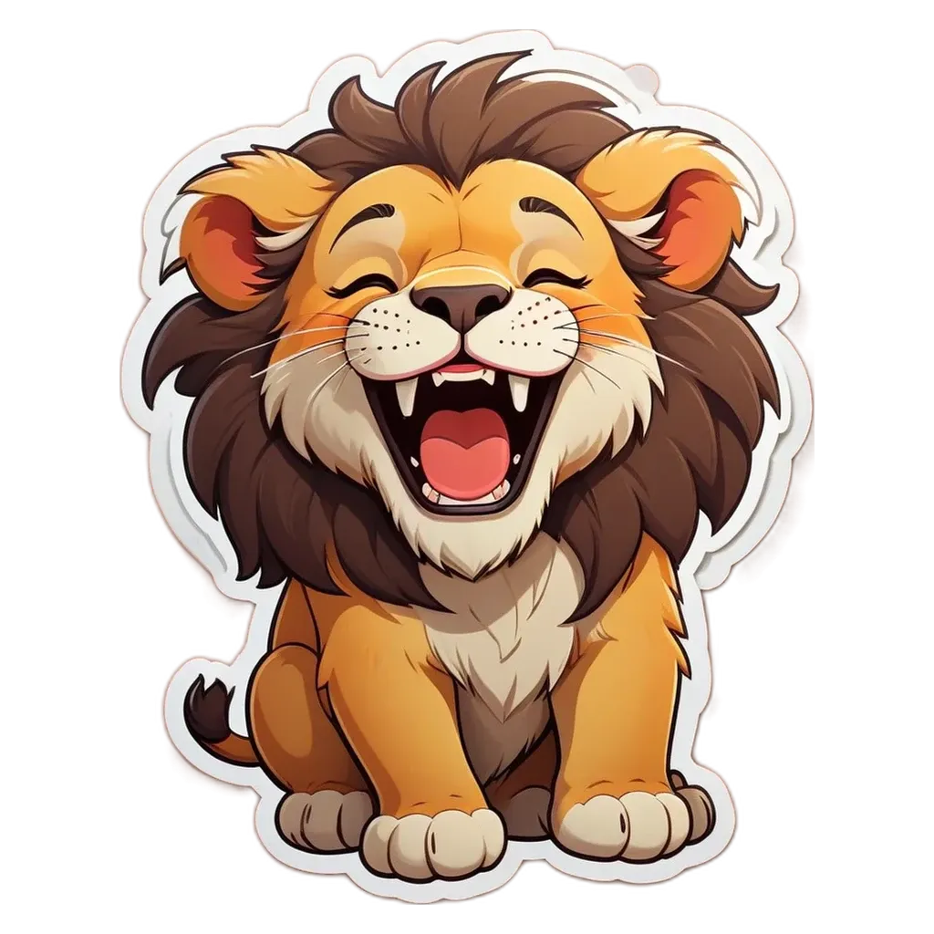 A lion with a sticker on his face.