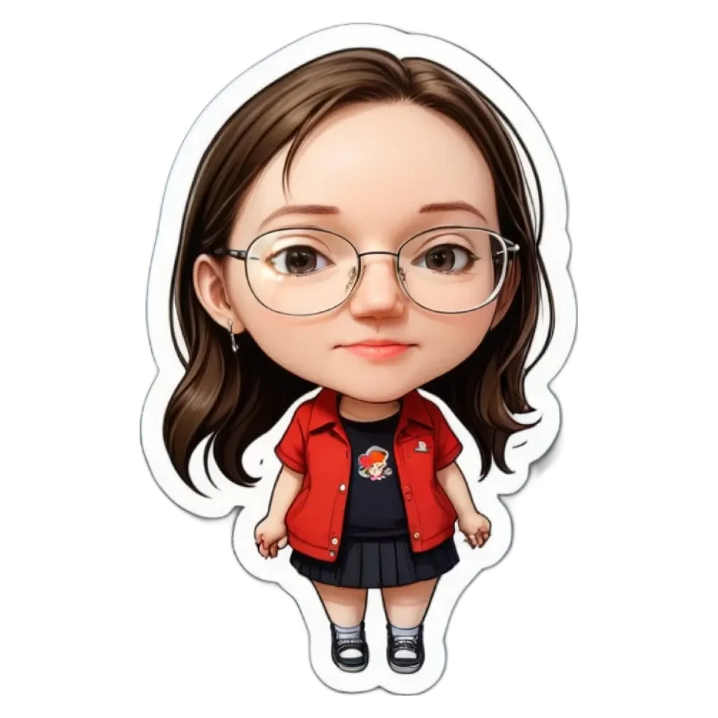 A girl wearing glasses and a red jacket is stickerised.