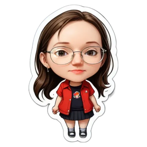 A girl wearing glasses and a red jacket is stickerised.