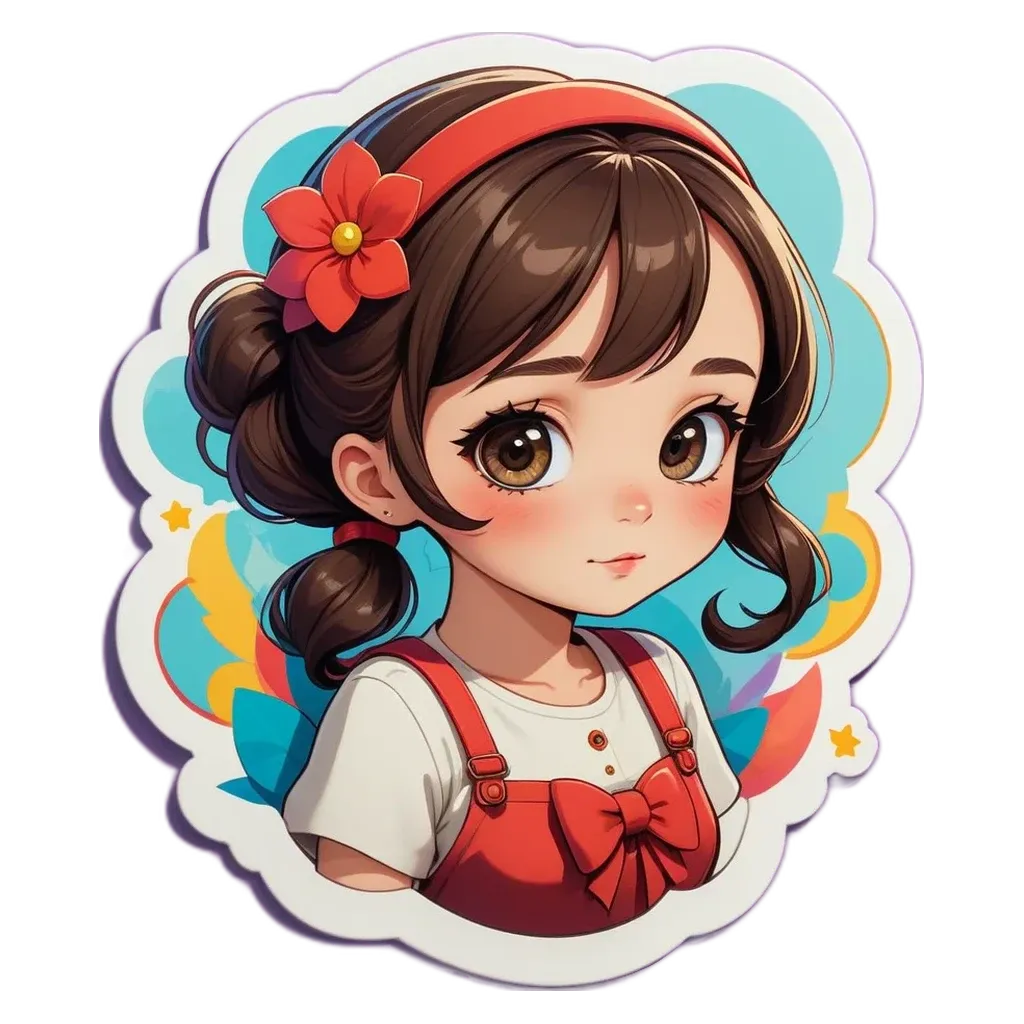 A girl with a flower on her head in a cartoonish drawing.