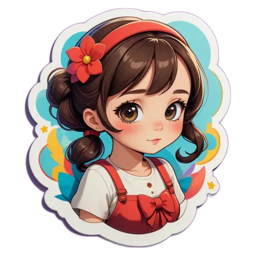 A girl with a flower on her head in a cartoonish drawing.