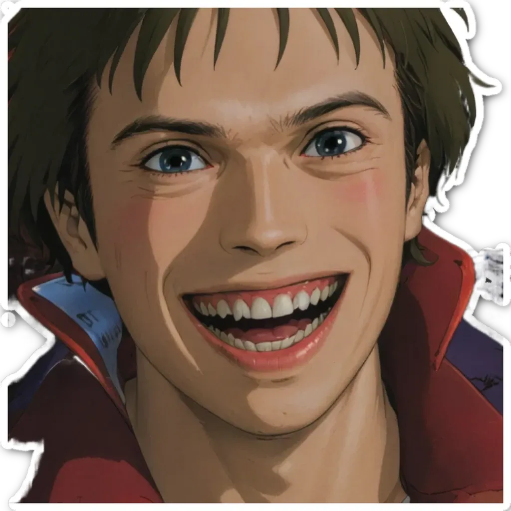 A cartoonish drawing of a boy with a big smile and teeth.