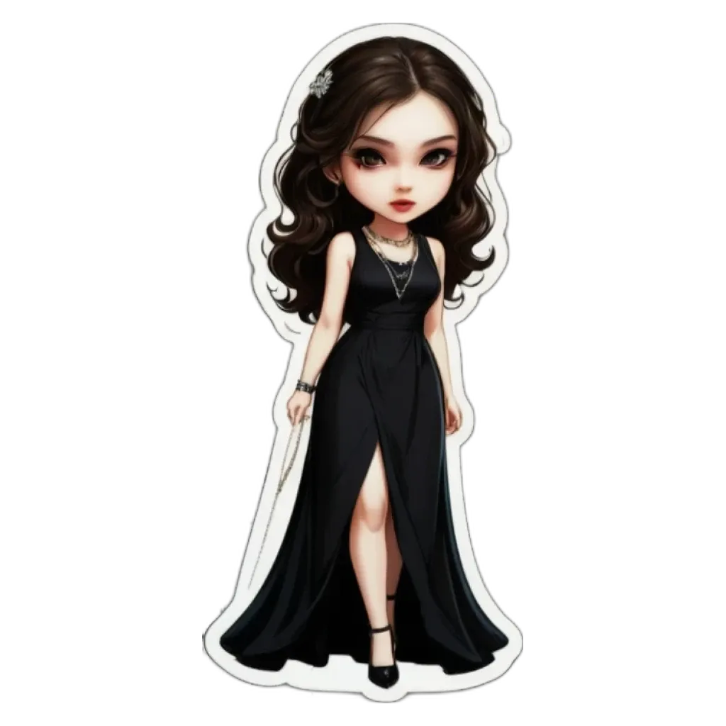 A girl is wearing a long black dress and a necklace.