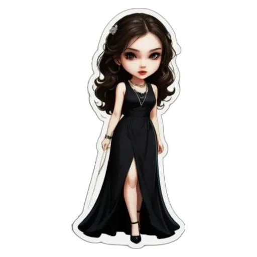 A girl is wearing a long black dress and a necklace.