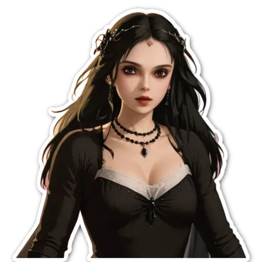 A woman is wearing a necklace and has black hair.