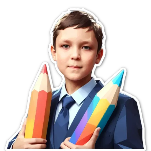 A boy holding three colored pencils and a award.