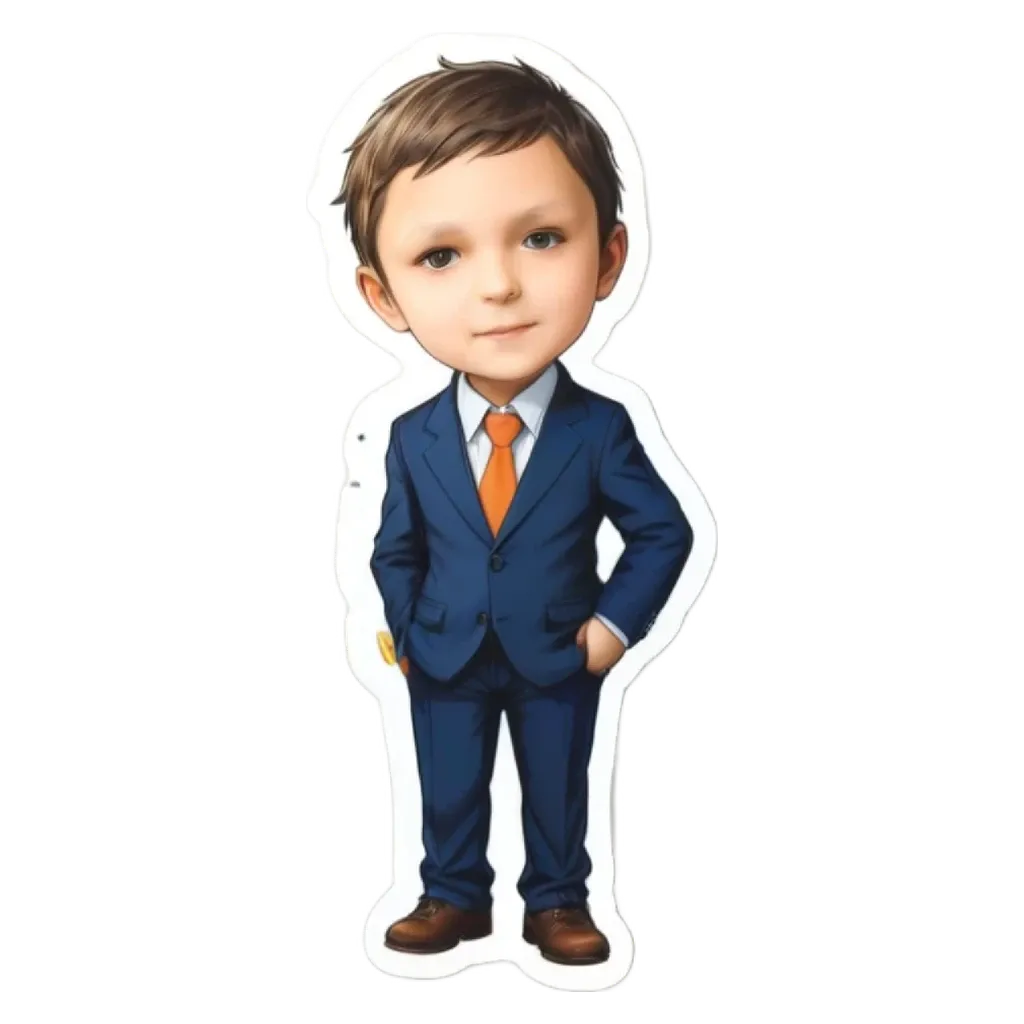 A boy in a blue suit and orange tie.