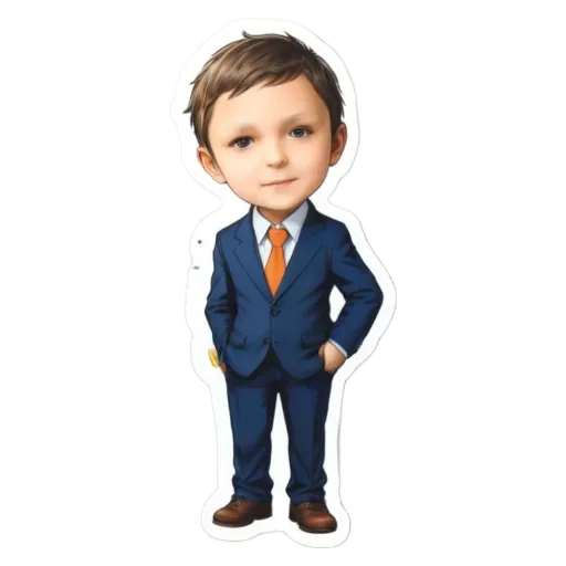 A boy in a blue suit and orange tie.