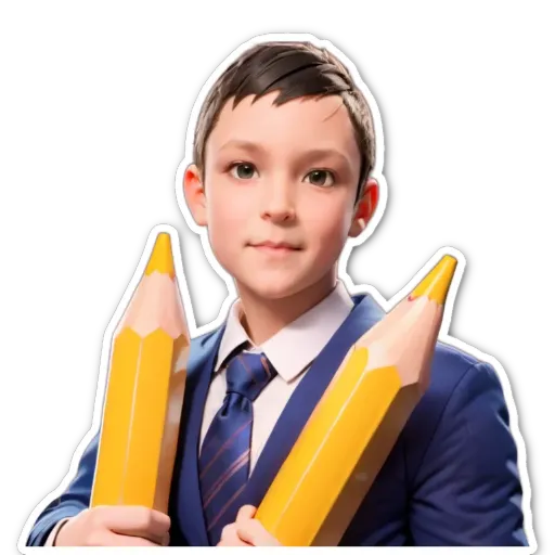 A boy is holding two pencils and a tie.
