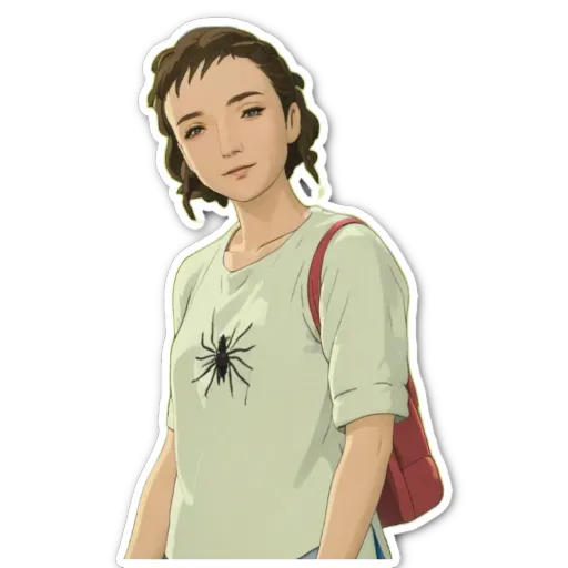 A woman with a spider on her shirt is standing with her hand on her hip.