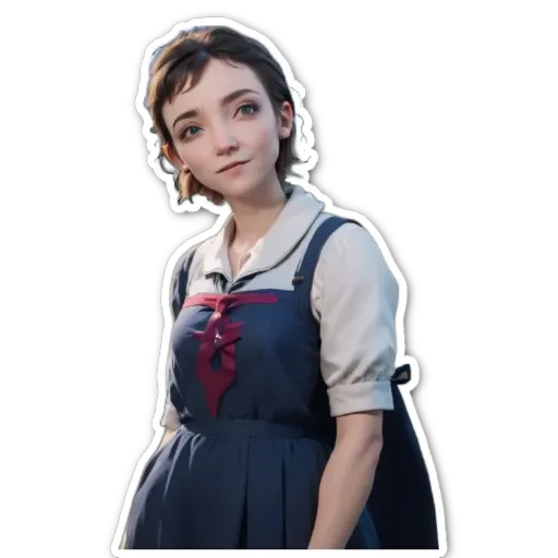 A girl wearing a blue dress with a red tie on it.
