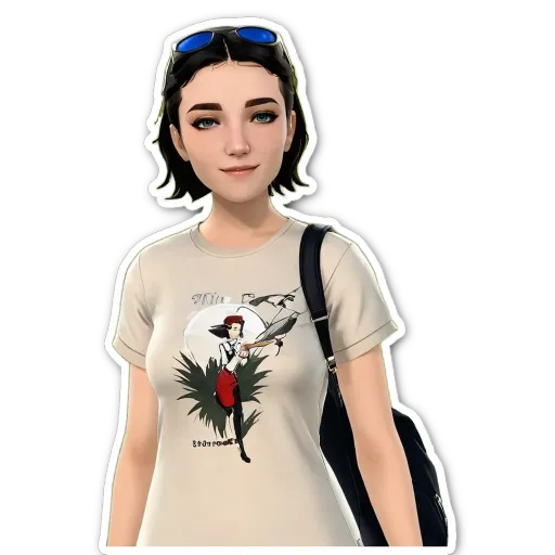 A woman is wearing a white shirt with a logo on it.