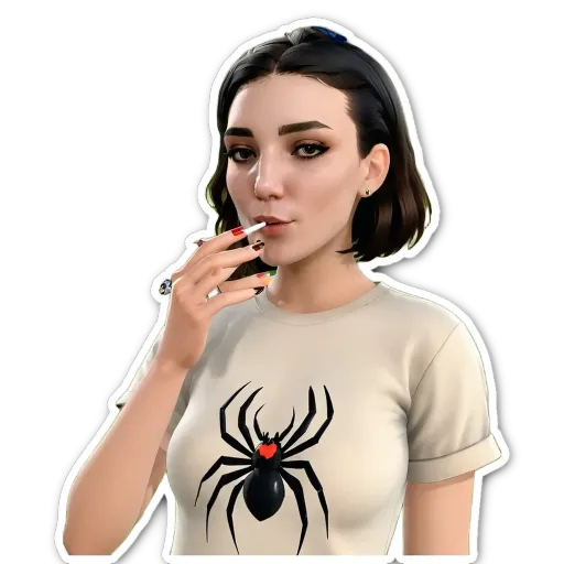 A woman is smoking a cigarette while wearing a spider shirt.
