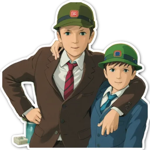 A boy wearing a green hat stands next to another boy.