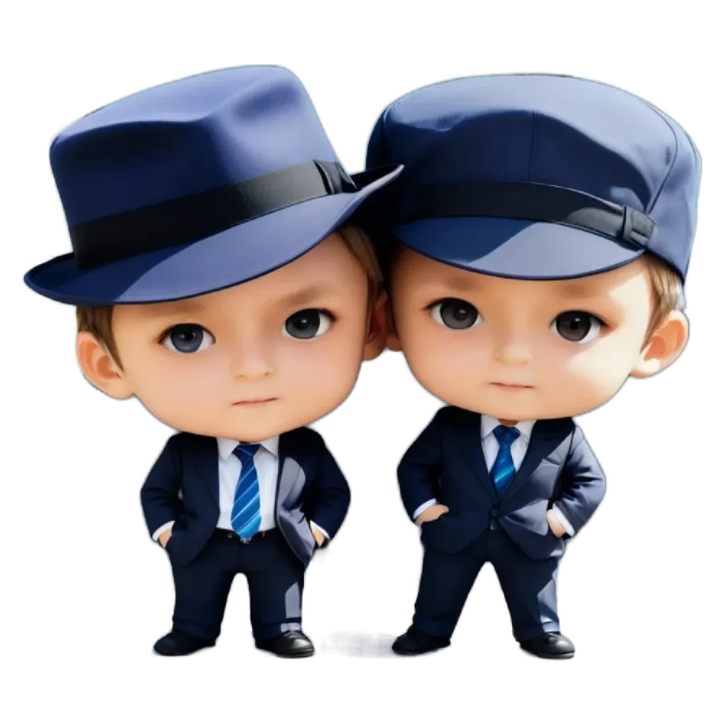 Two boys are wearing suits and hats and are positioned next to each other.
