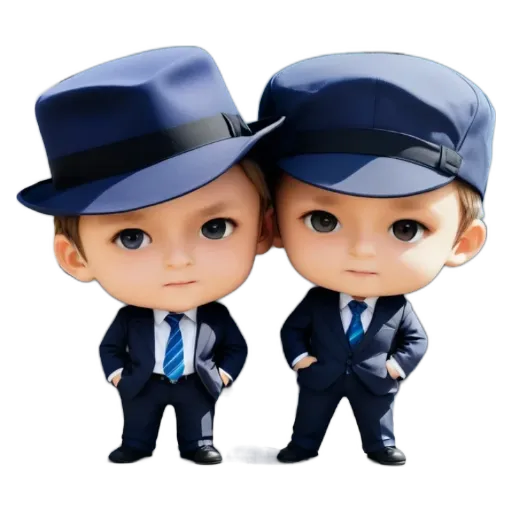 Two boys are wearing suits and hats and are positioned next to each other.