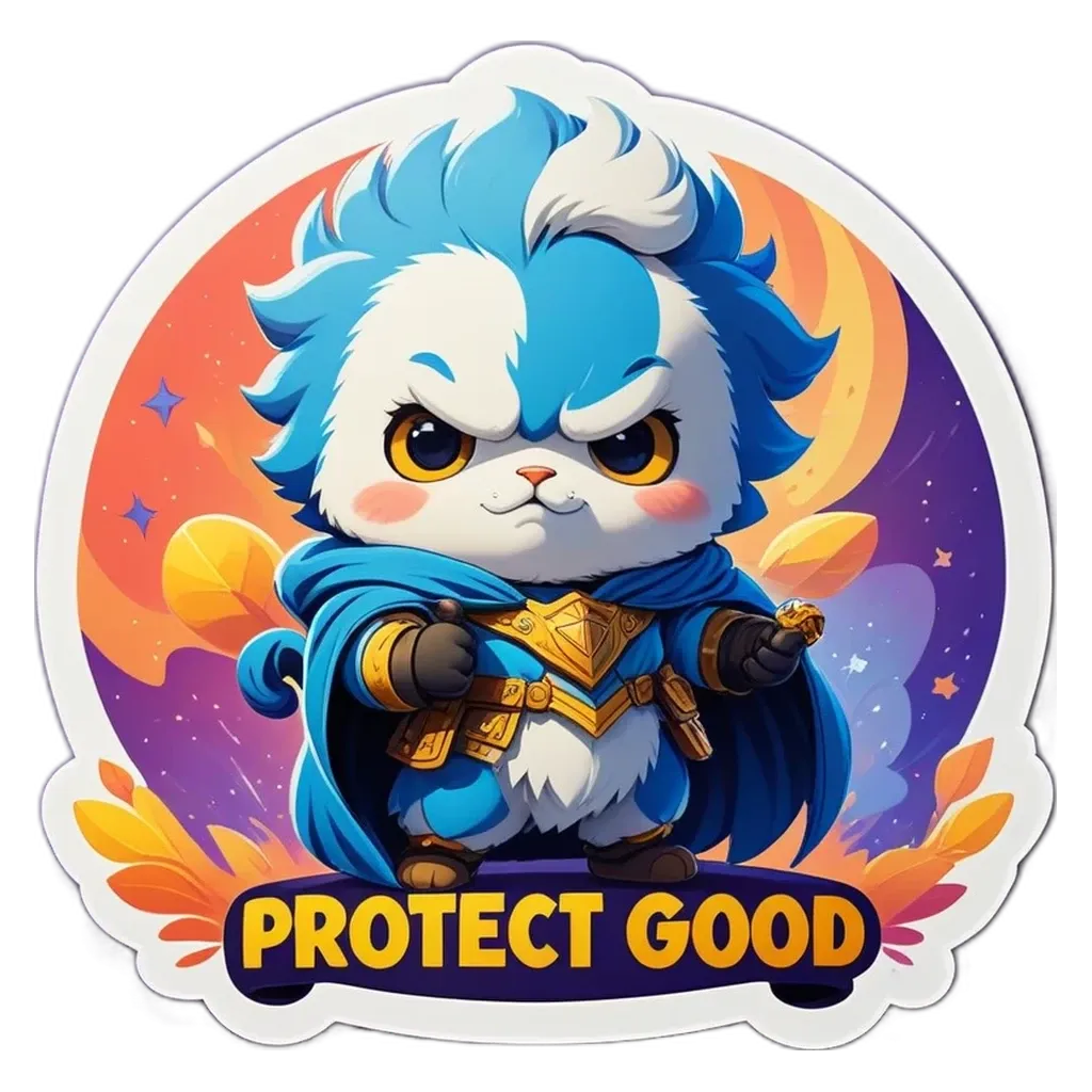 A cartoonish drawing of a cat with the words "Protect Good" written above it.