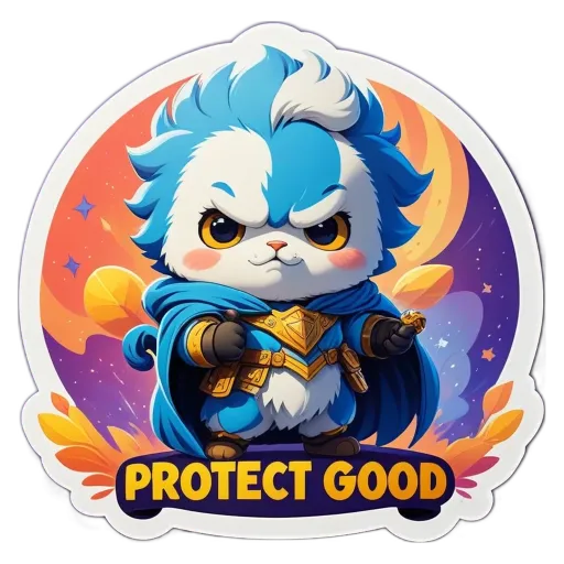 A cartoonish drawing of a cat with the words "Protect Good" written above it.