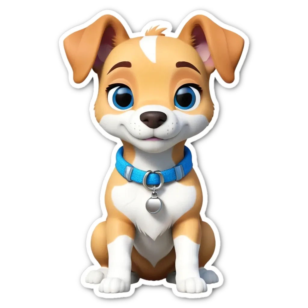 A dog that is brown and white with blue collar and is looking at the camera.
