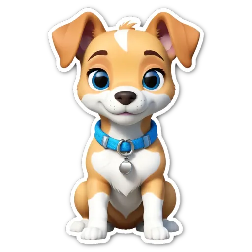 A dog that is brown and white with blue collar and is looking at the camera.