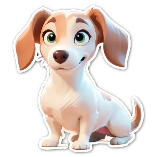 A cartoon dog that is white and brown.