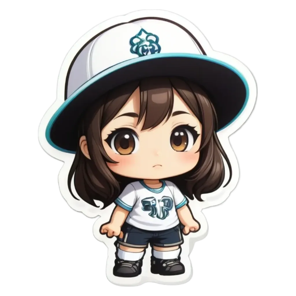A girl wearing a hat and a white shirt with blue stripes.