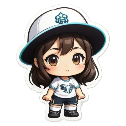 A girl wearing a hat and a white shirt with blue stripes.