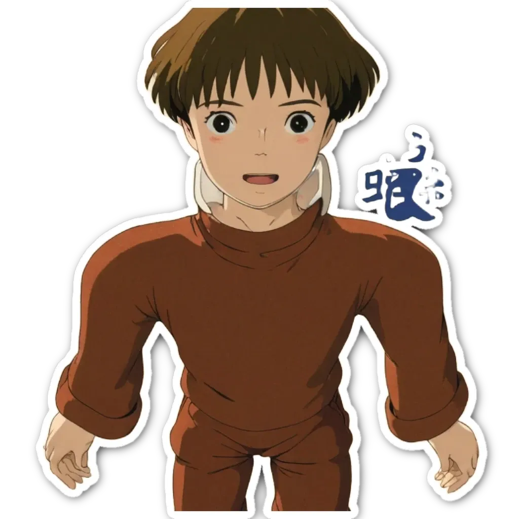 A boy wearing a brown shirt with a drawing of a face on it.