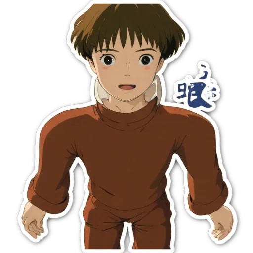 A boy wearing a brown shirt with a drawing of a face on it.