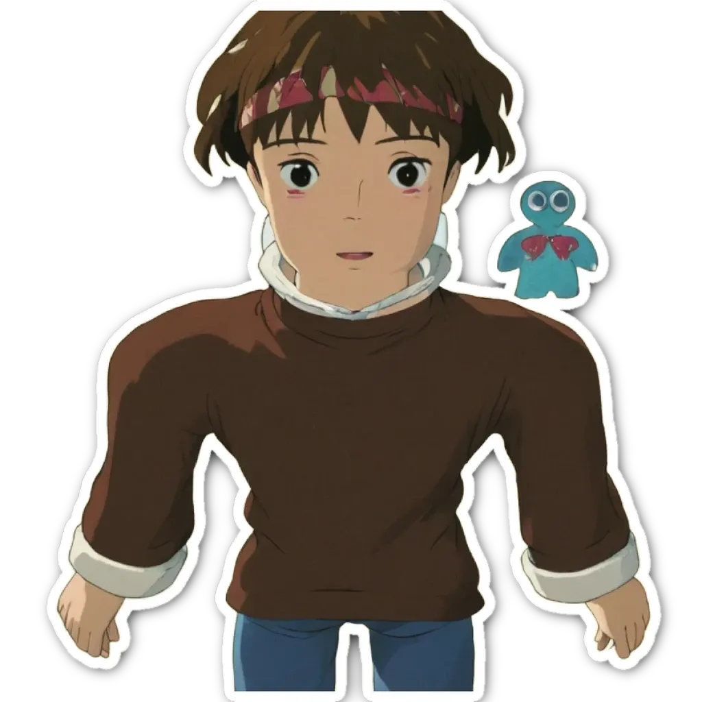 A boy wearing a brown shirt with a blue object in front of him.