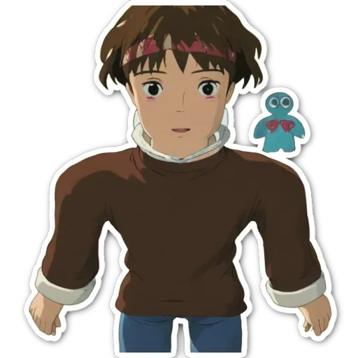 A boy wearing a brown shirt with a blue object in front of him.