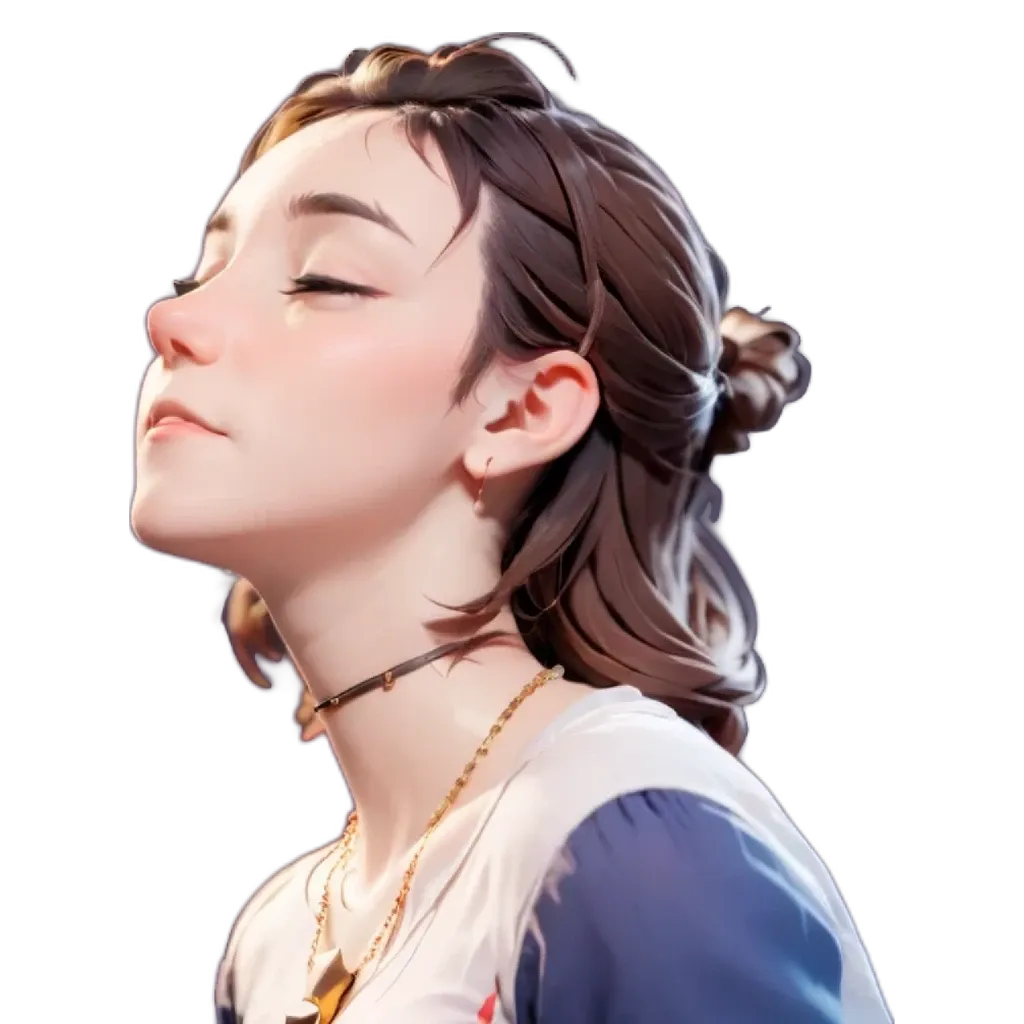 A woman with a gold chain around her neck is looking to the right.