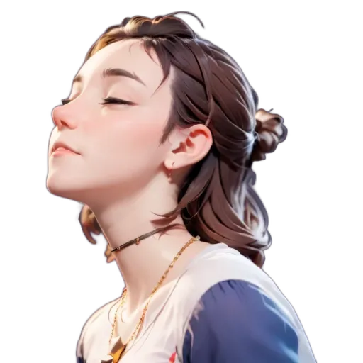 A woman with a gold chain around her neck is looking to the right.