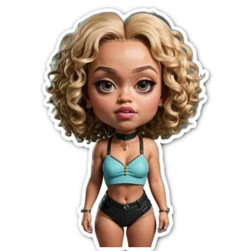 A sticker of a girl with curly hair wearing a blue top and black jeans.