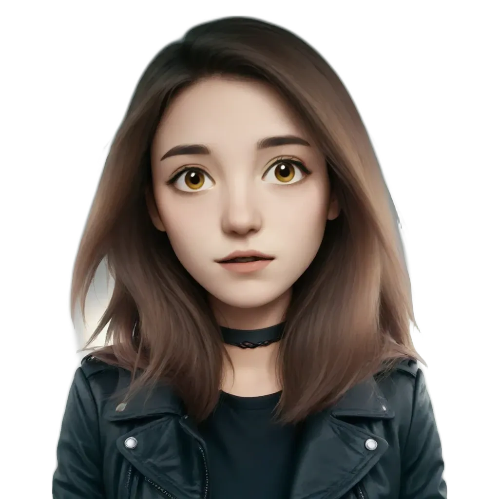 A girl with a black jacket and her picture is being used.