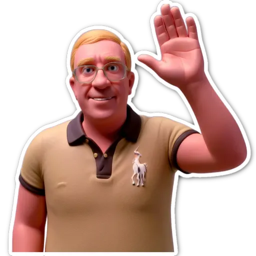 A man with a polo shirt and a unicorn pin is waving at someone.