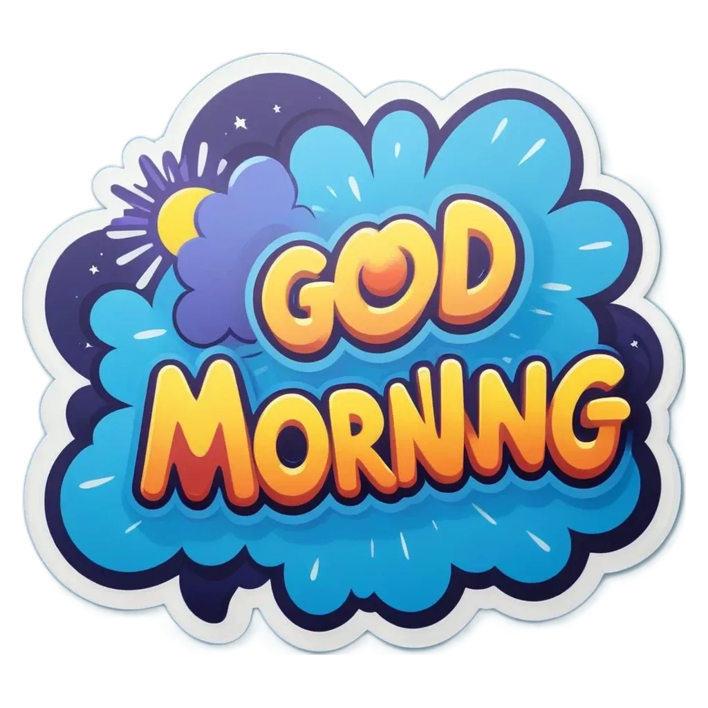 A sticker that says God Morning in blue with a flower in the middle.