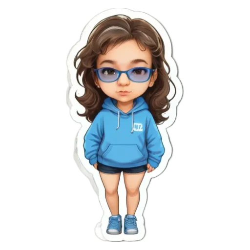 A girl wearing blue glasses is standing up with a sticker of her that says "love".