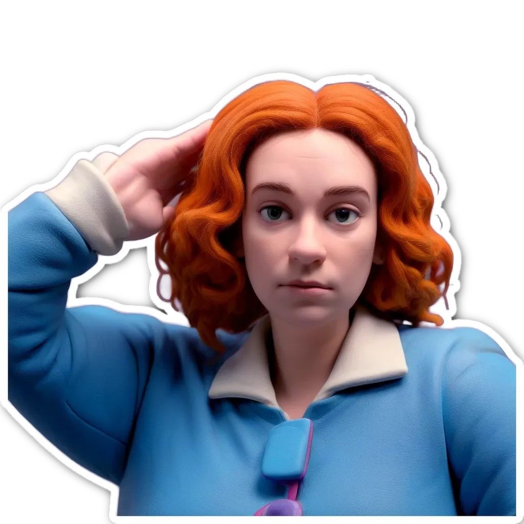 A redheaded woman with a blue jacket is wearing glasses.