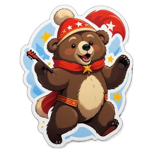 A teddy bear with a guitar is wearing a red scarf and standing on a black background.
