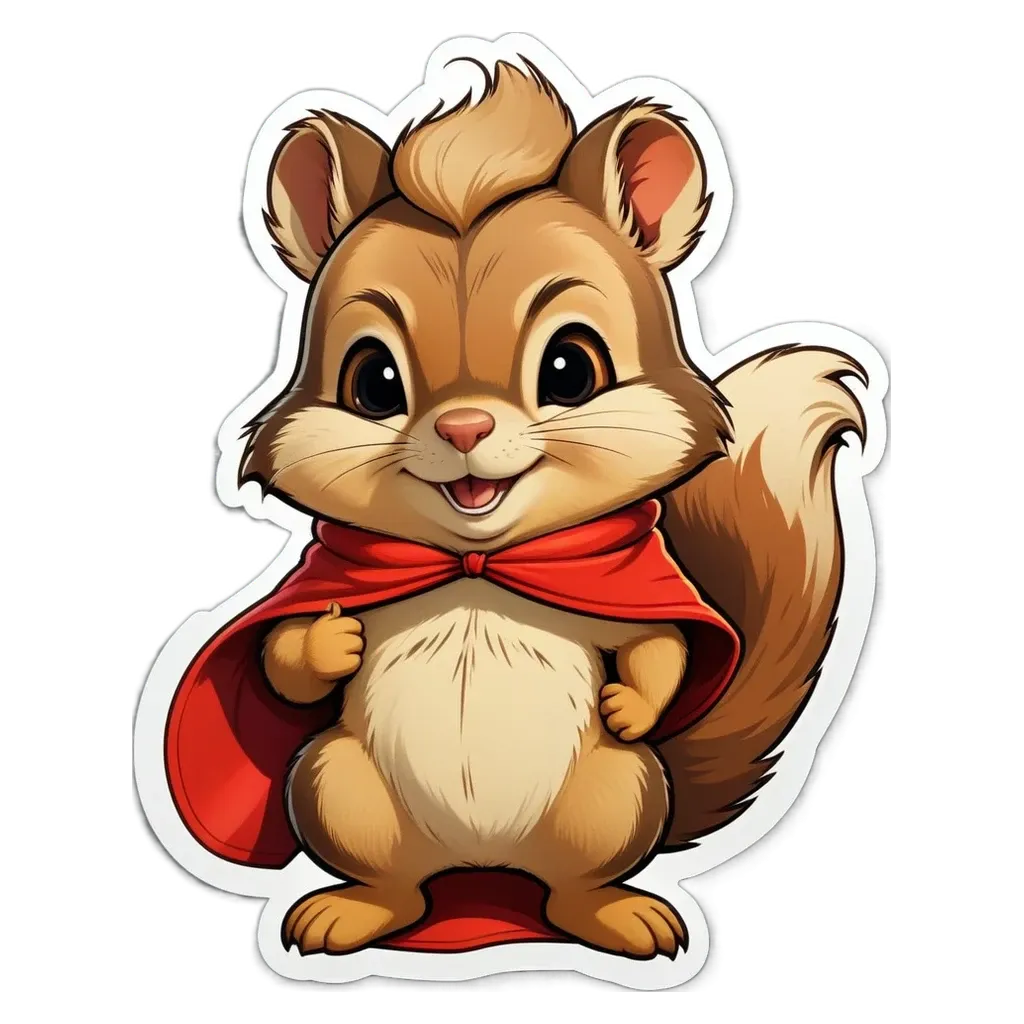A squirrel wearing a red cape is standing on a black background.