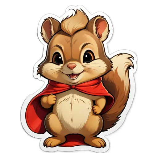 A squirrel wearing a red cape is standing on a black background.