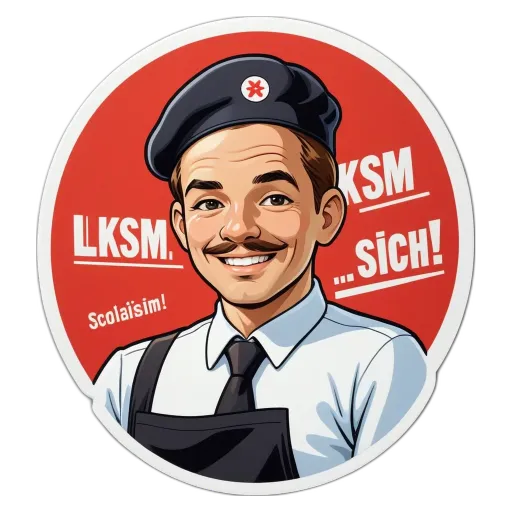 A sticker of a man in a hat and tie that saysLSMKSM.