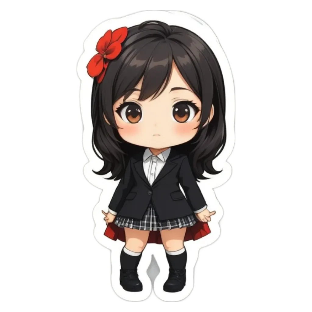 A girl wearing a suit and a red flower on her hair.