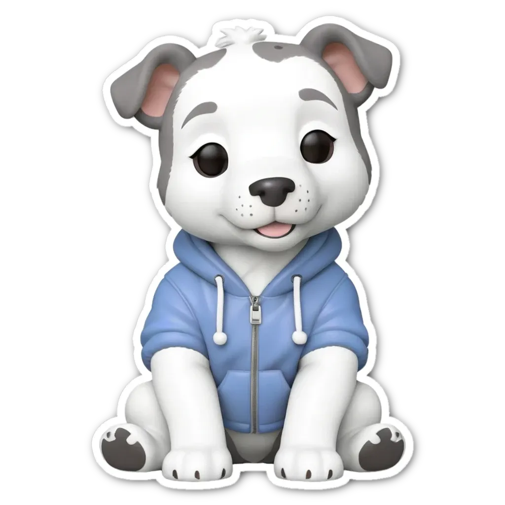 A sticker of a dog with a blue hoodie.