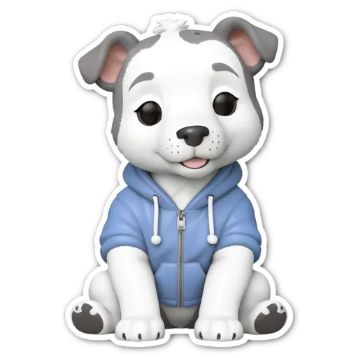 A sticker of a dog with a blue hoodie.