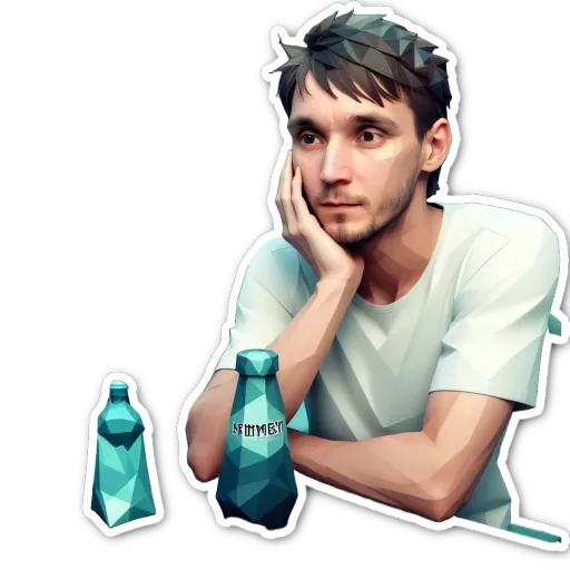 A man with a water bottle and a bottle of blue liquid.
